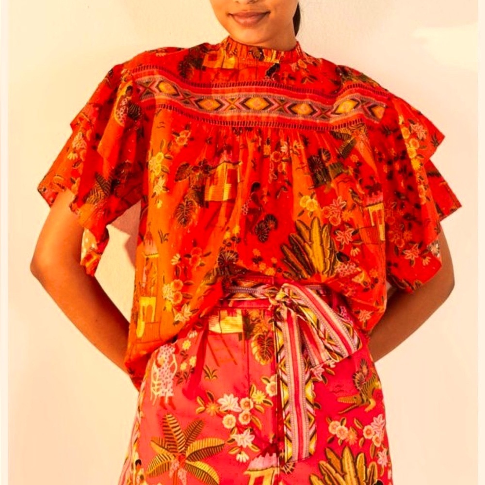 FARM Rio Secret Garden Ruffled Short-Sleeve Blouse-S - Picture 3 of 12
